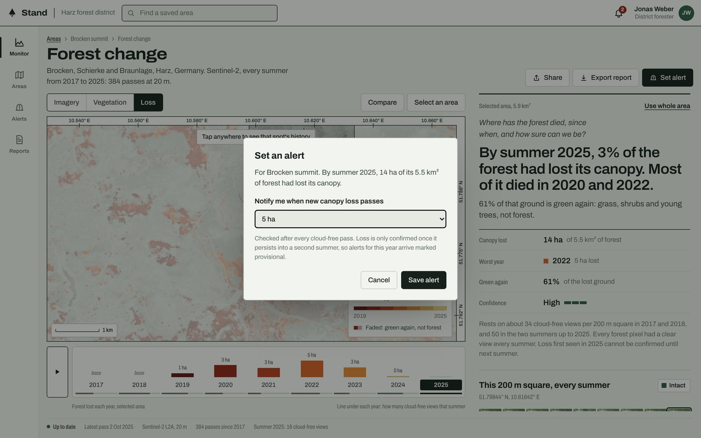 The set alert dialog for Brocken summit, with a threshold for new canopy loss and a note that alerts for the current year arrive marked provisional.